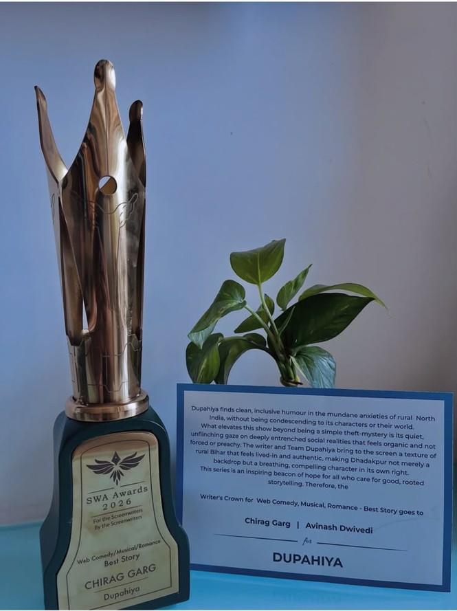 The Screenwriters' Association Award trophy and citation for Dupahiya's Best Story win