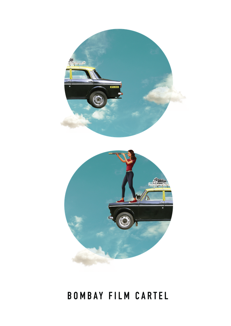 Illustration of a vintage car drifting through clouds, with a figure standing atop it scoping the horizon with binoculars.